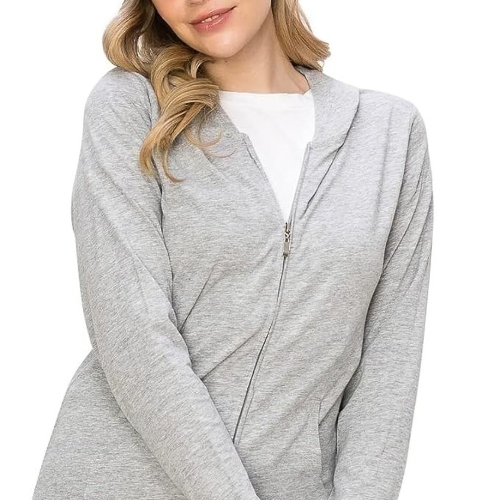 LUVAGE Women's Lightweight Cotton Long Sleeve Zip-Up Hoodie Jacket Heather Grey